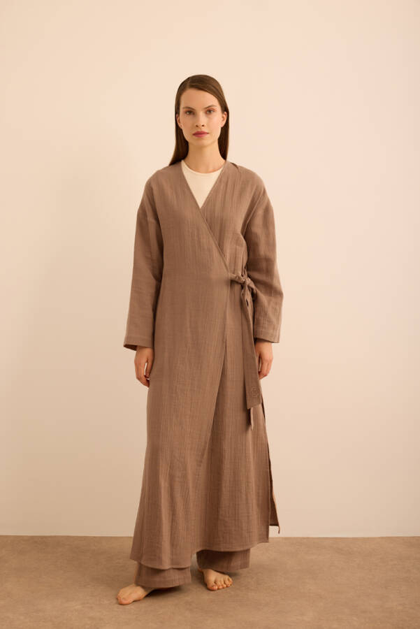 Kahverengi Viscon Cotton , Yandan Bağlamalı Sabahlık - 2