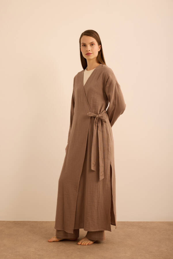 Kahverengi Viscon Cotton , Yandan Bağlamalı Sabahlık - 4