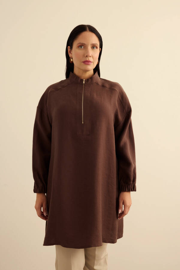 Kahverengi Yakası Fermuarlı Keten Tencel Tunik - Aker