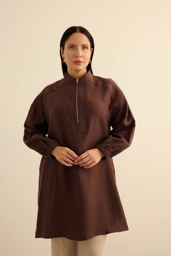 Kahverengi Yakası Fermuarlı Keten Tencel Tunik - Aker (1)