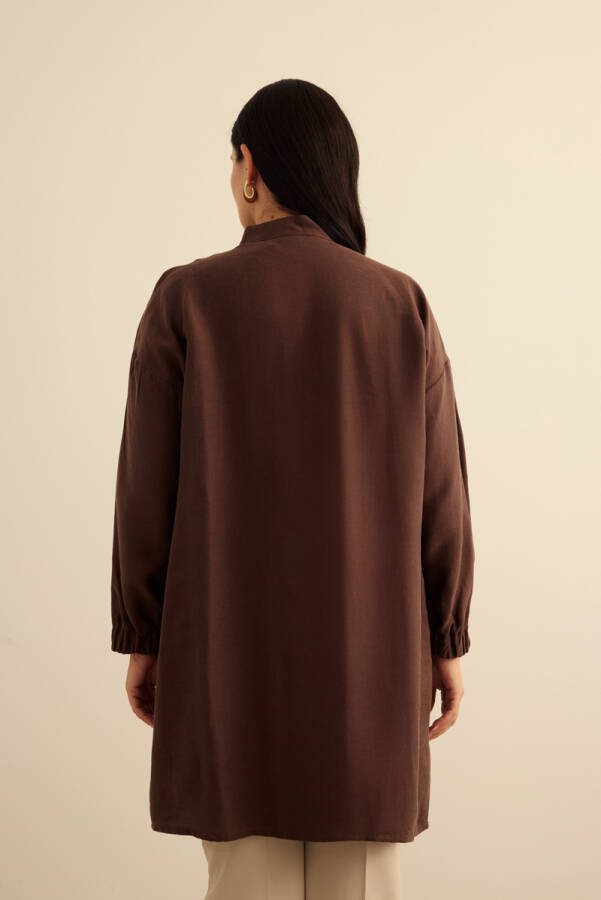Kahverengi Yakası Fermuarlı Keten Tencel Tunik - 7
