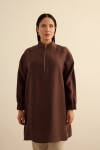 Kahverengi Yakası Fermuarlı Keten Tencel Tunik - 3