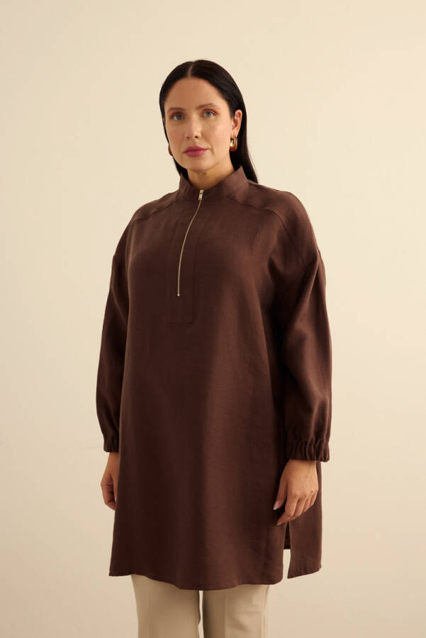 Kahverengi Yakası Fermuarlı Keten Tencel Tunik - 4