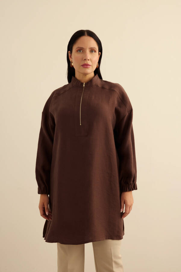 Kahverengi Yakası Fermuarlı Keten Tencel Tunik - 5