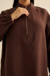 Kahverengi Yakası Fermuarlı Keten Tencel Tunik - 6