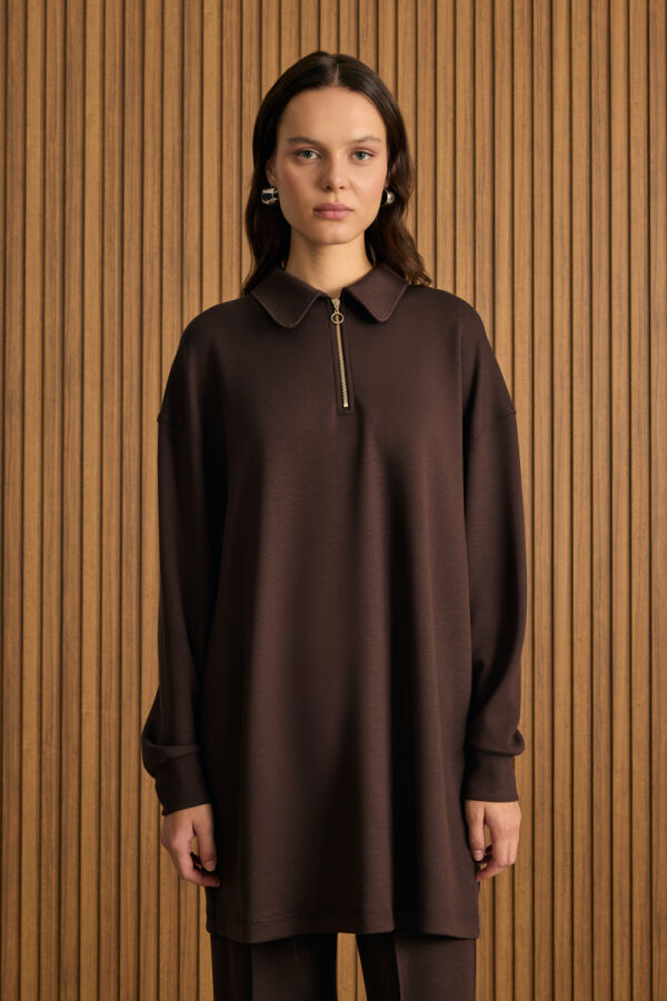 Kahverengi Yakası Fermuarlı Sweatshirt - Aker