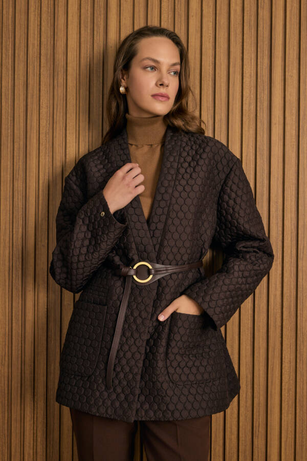 Kahverengi Yuvarlak Kapitone Detaylı Kimono - 2