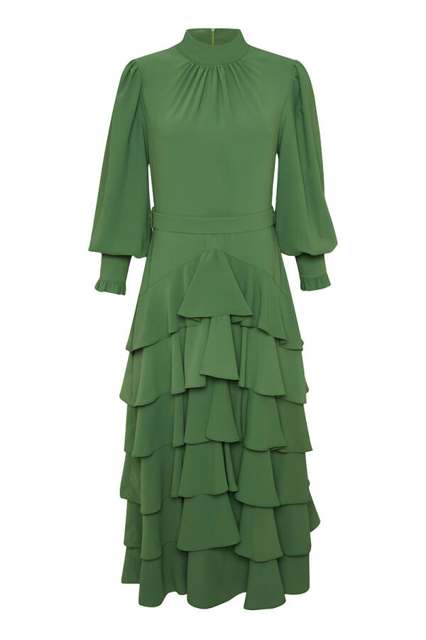 Yeşil Kat Detaylı Şık Elbise - 1