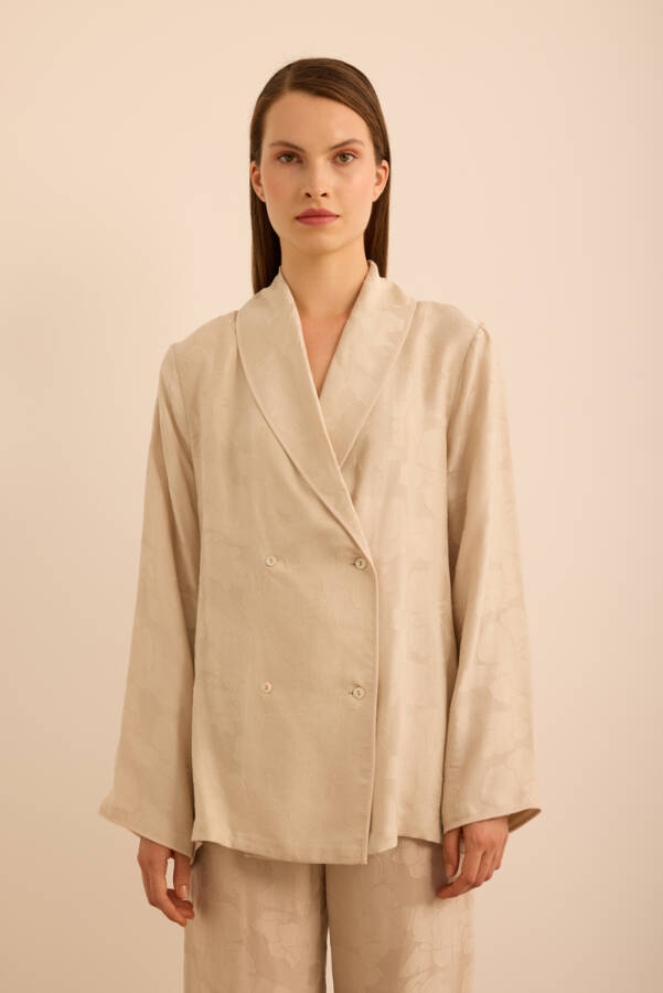 Kemik Çiçek Dokulu Kruvaze Kapama Tencel Pijama Üstü - 2