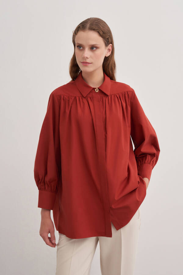 Kiremit Gömlek Yaka Cotton Bluz - 4