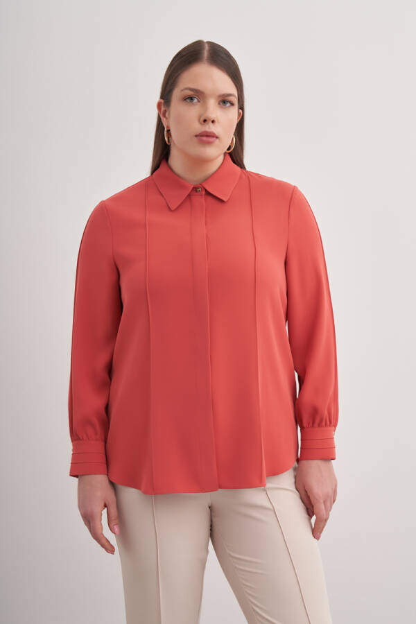 Kiremit Detaylı Düğmeli Gömlek - 5