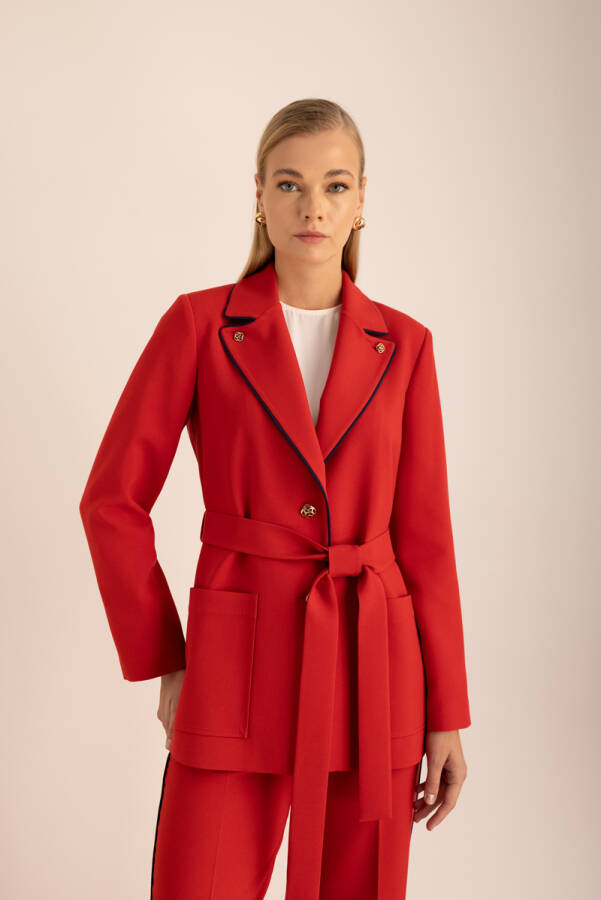 Kırmızı Biye Detaylı Logo Düğmeli Klasik Ceket - Aker