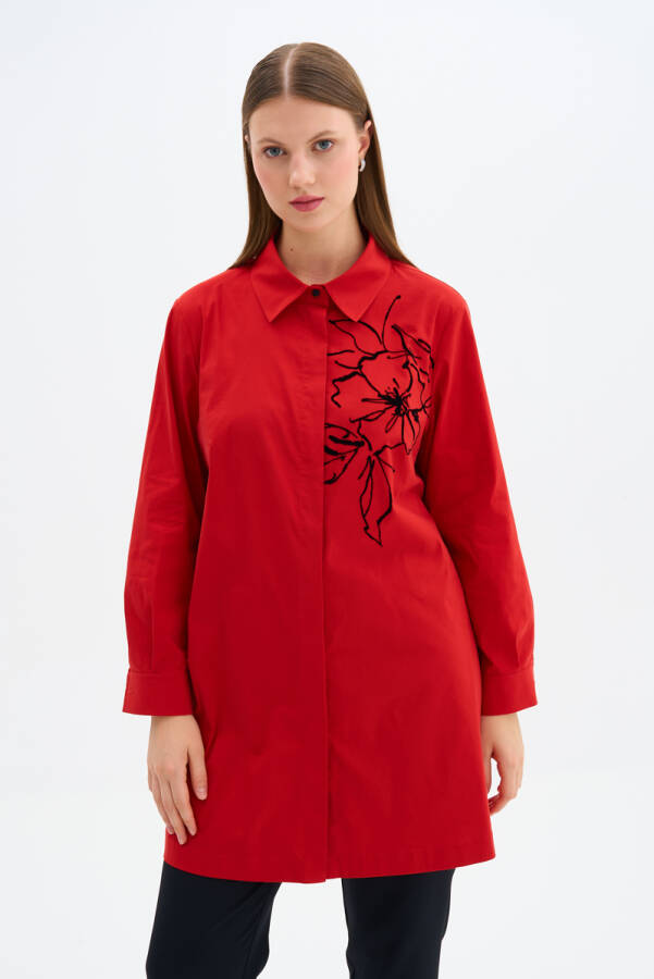 Kırmızı Çiçek Baskı Detaylı Tunik - 1