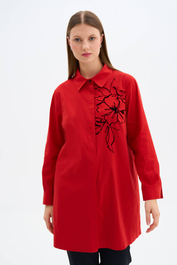 Kırmızı Çiçek Baskı Detaylı Tunik - 2