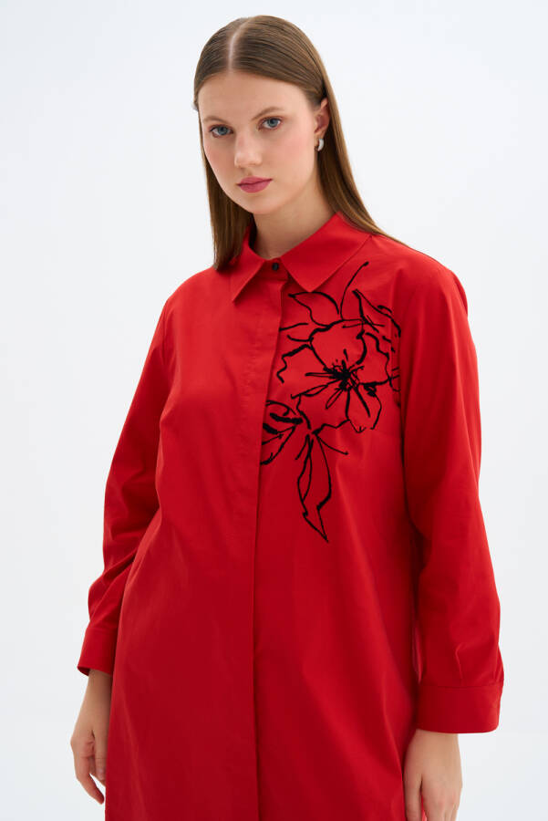 Kırmızı Çiçek Baskı Detaylı Tunik - 3