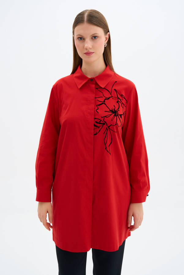 Kırmızı Çiçek Baskı Detaylı Tunik - 4