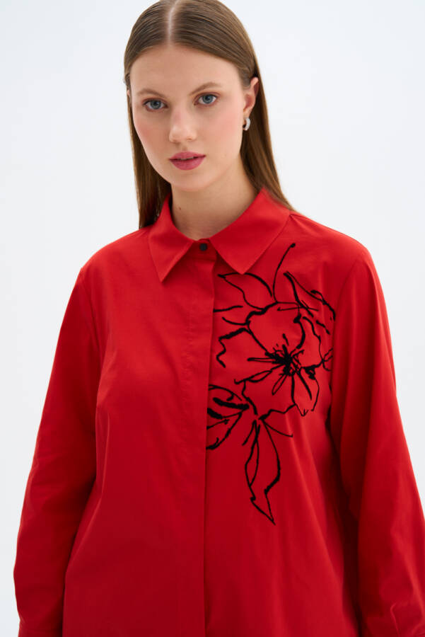 Kırmızı Çiçek Baskı Detaylı Tunik - 5