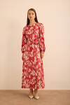 Kırmızı Çiçek Desenli İnce dokuma Elbise - 2