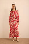 Kırmızı Çiçek Desenli İnce dokuma Elbise - 1