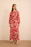 Kırmızı Çiçek Desenli İnce dokuma Elbise - 3