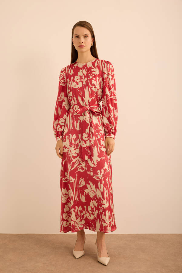 Kırmızı Çiçek Desenli İnce dokuma Elbise - 4