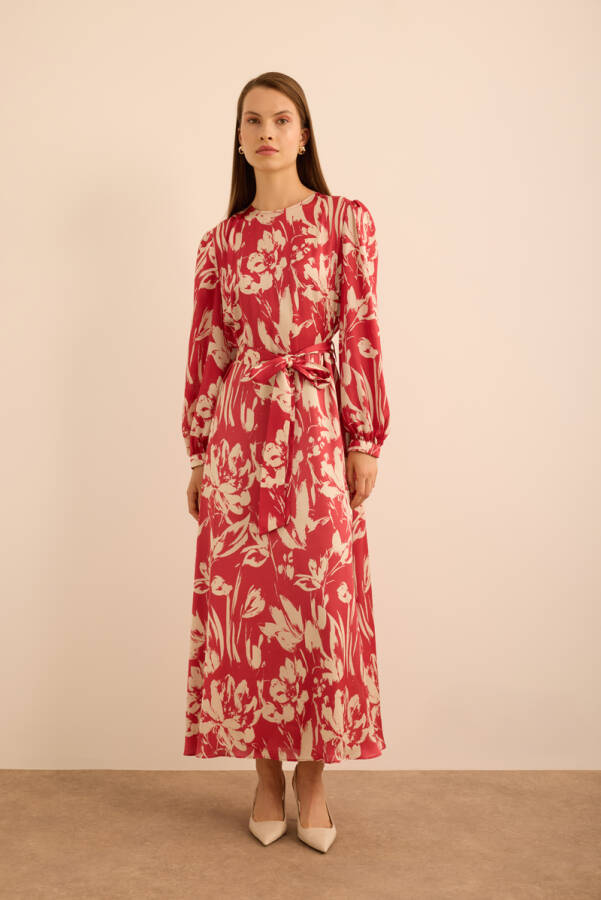 Kırmızı Çiçek Desenli İnce dokuma Elbise - Aker (1)