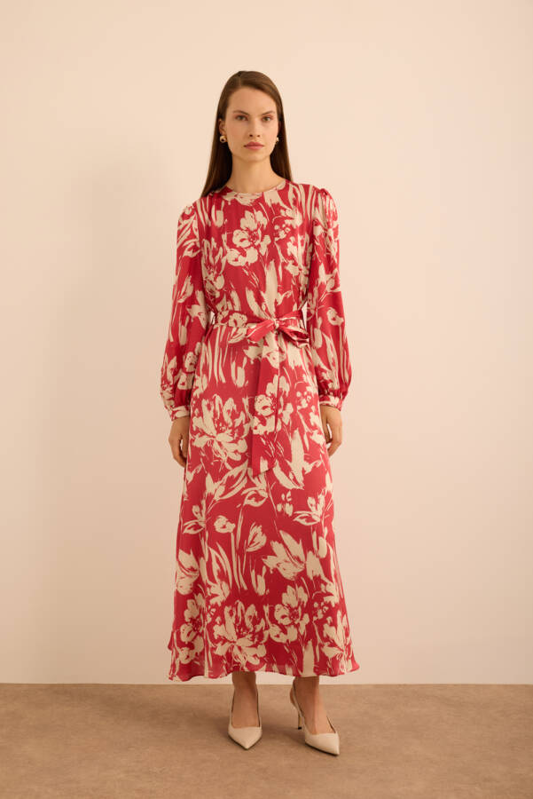 Kırmızı Çiçek Desenli İnce dokuma Elbise - Aker