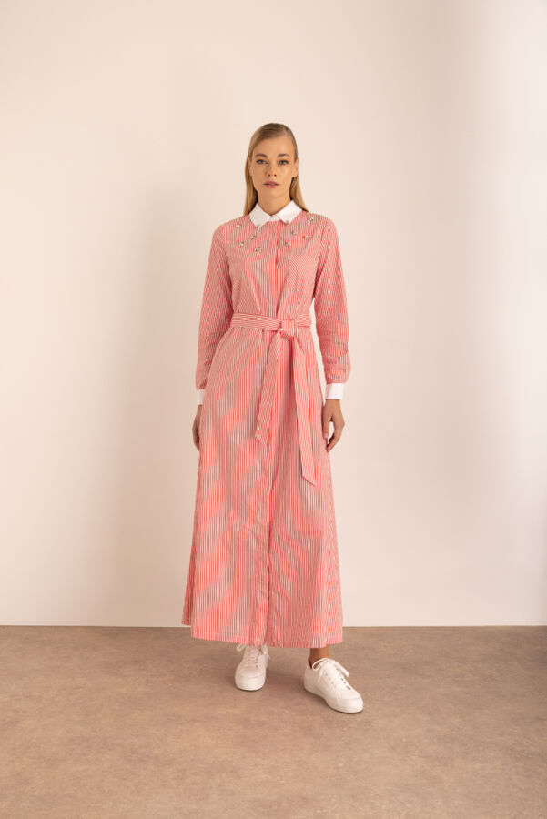 Kırmızı Çizgili Cotton İşleme Detaylı Elbise - Aker