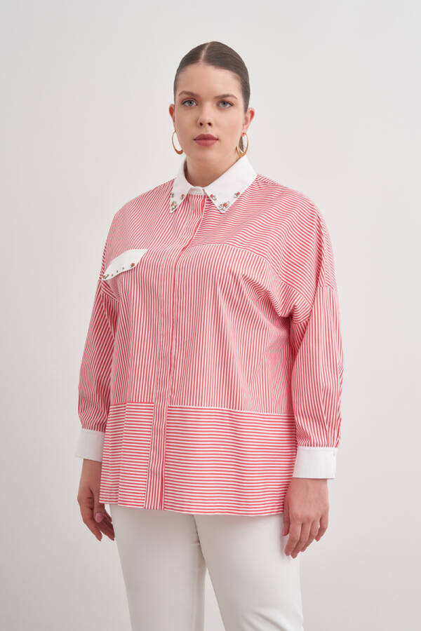 Kırmızı Çizgili Cotton Taş İşlemeli Gömlek - Aker