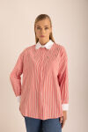 Kırmızı Çizgili Cotton Taş İşlemeli Gömlek 