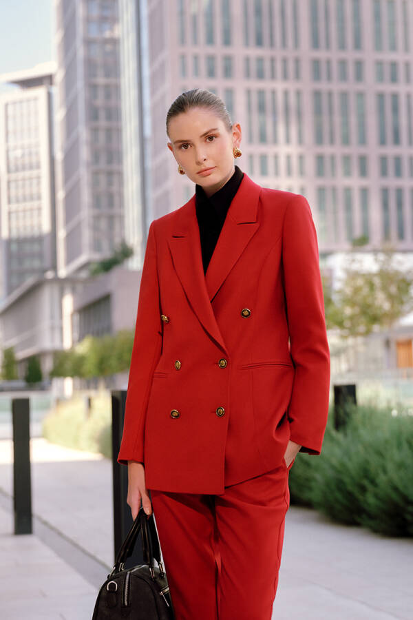 Kırmızı Fleto Cepli Düğmeli Ceket - Aker