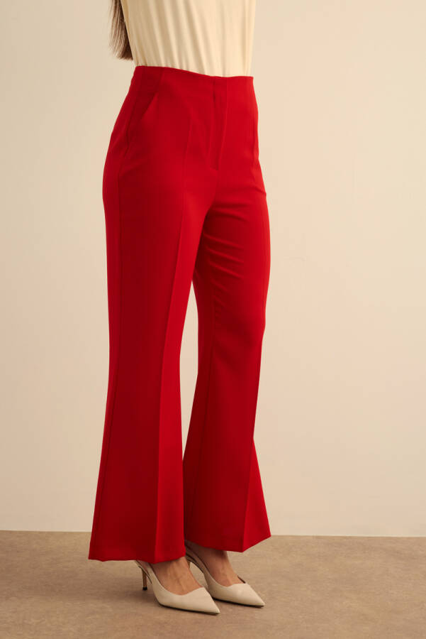 Kırmızı İspanyol Paça Dokuma Pantolon - 4