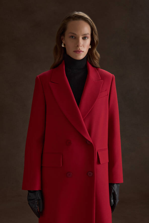 Kırmızı Kruvaze Kapama Pardösü - 3