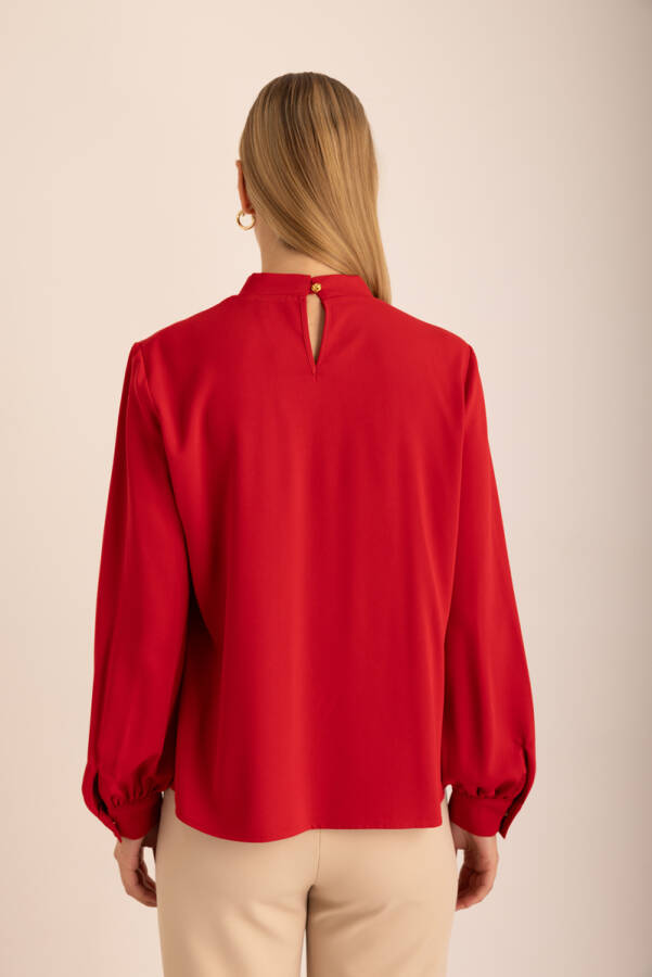 Kırmızı Pile Detaylı Dokuma Bluz - 6