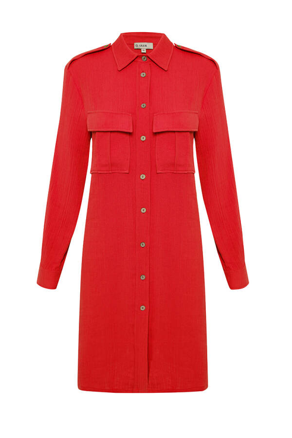 Kırmızı Spor Cepli Keten Tunik - 1