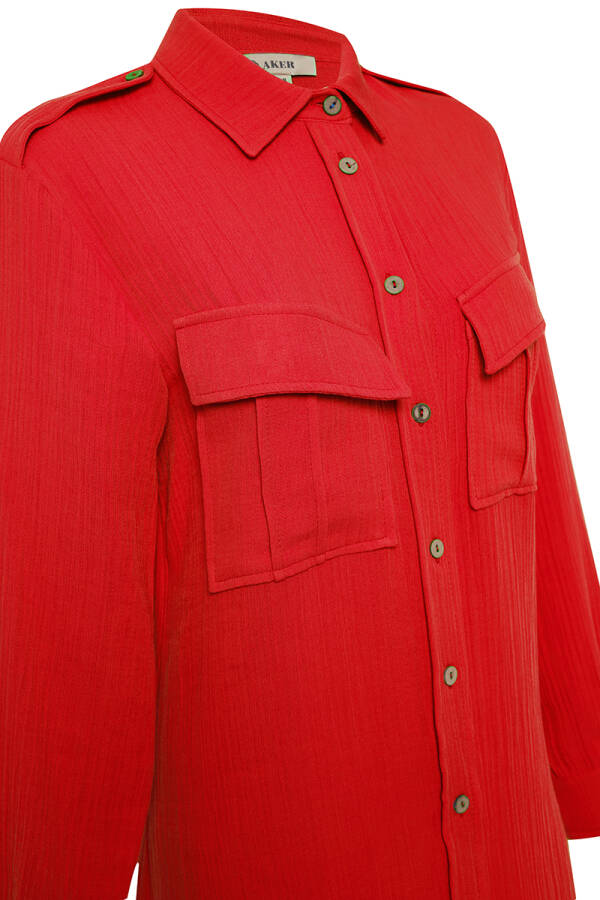Kırmızı Spor Cepli Keten Tunik - 2