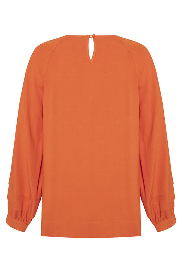 Turuncu Kolları Pile Detaylı Keten Bluz - 3