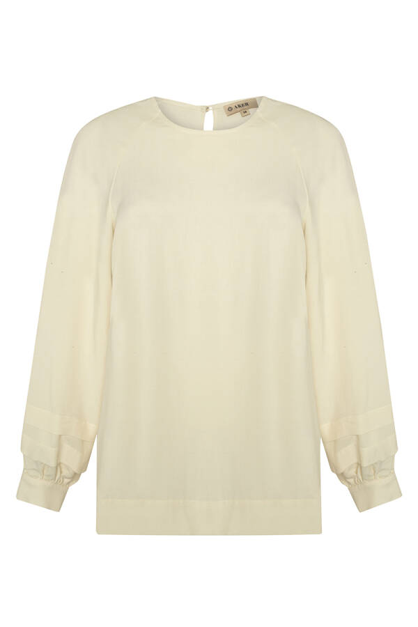 Ekru Kolları Pile Detaylı Keten Bluz - 1