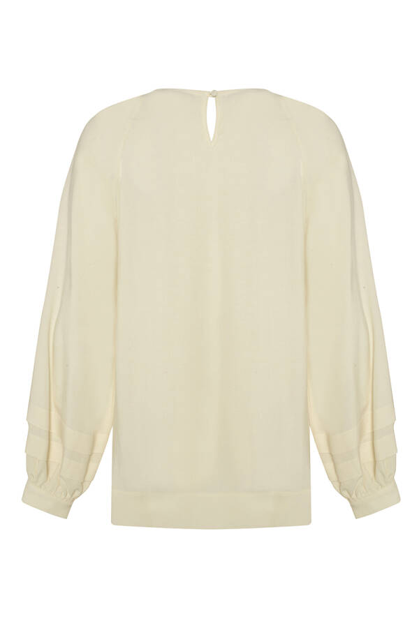 Ekru Kolları Pile Detaylı Keten Bluz - 3