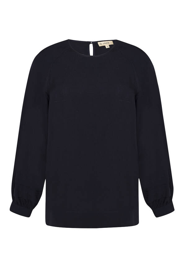 Lacivert Kolları Pile Detaylı Keten Bluz - 1