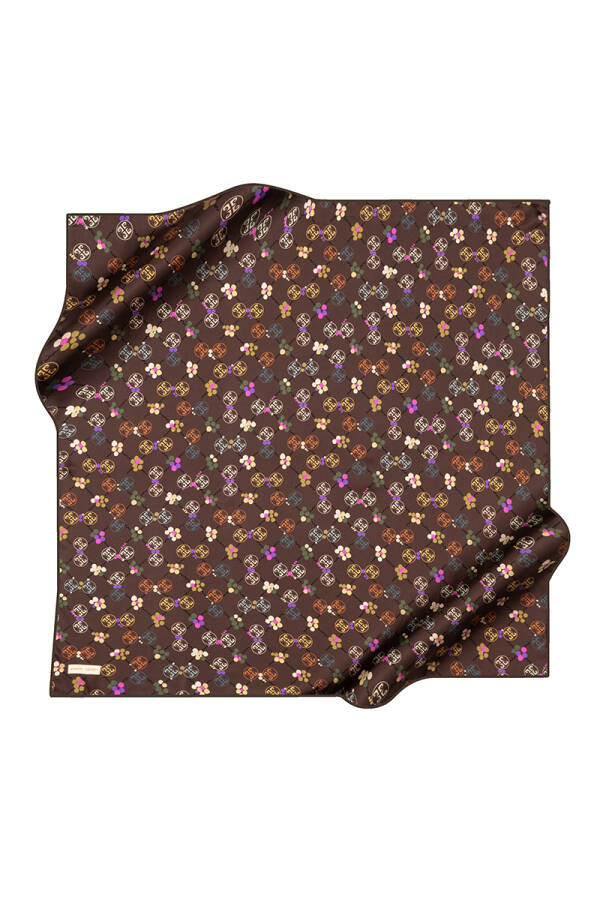 Koyu Kahverengi 90X90 İpek Krep Saten Eşarp - 1