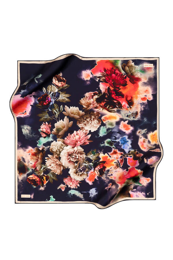 Koyu Lacivert 90X90 İpek Krep Saten Eşarp - 1