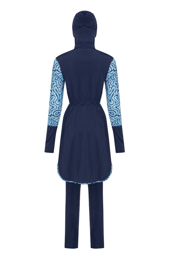 Lacivert Önden Fermuarlı Desenli Tesettür Mayo - 3