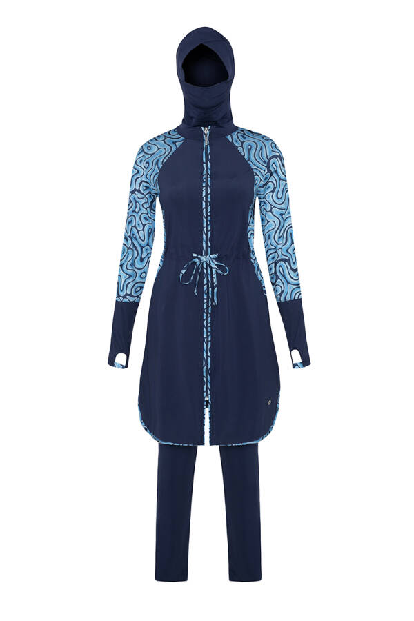 Lacivert Önden Fermuarlı Desenli Tesettür Mayo - 1