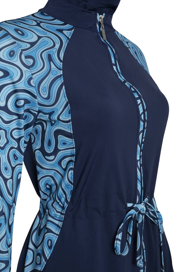 Lacivert Önden Fermuarlı Desenli Tesettür Mayo - 2