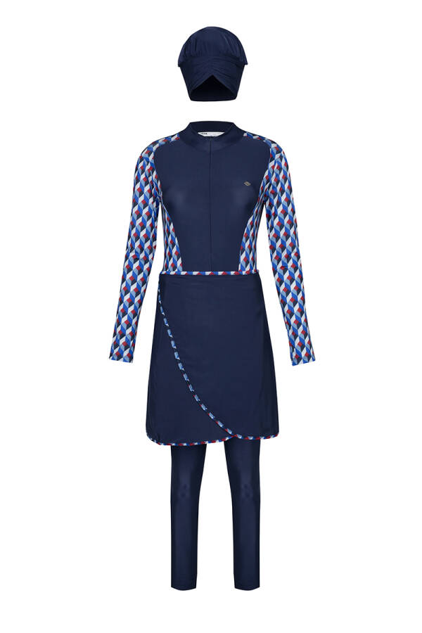 Lacivert Pareo Eteği Çıkarılabilir Tesettür Mayo - 1