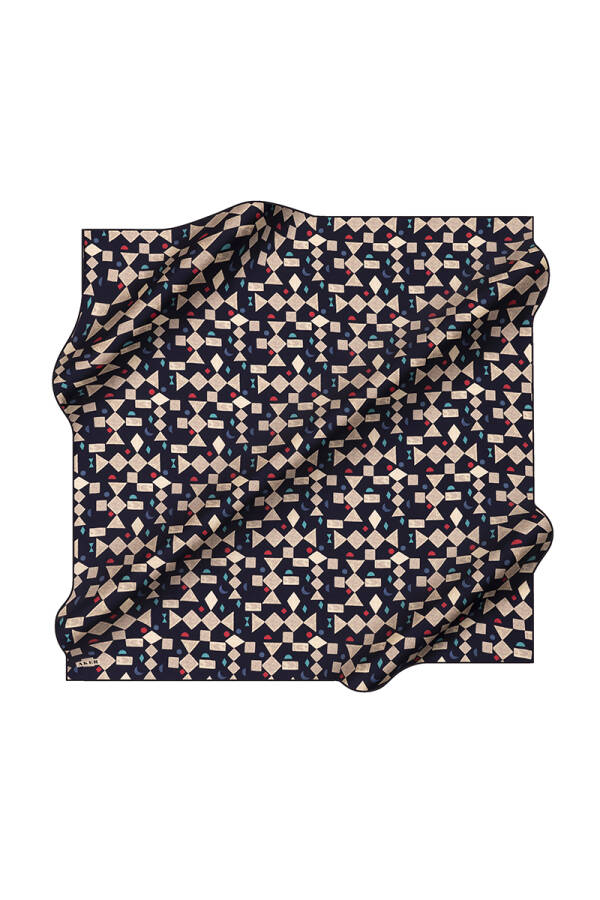 Lacivert 90X90 İpek Krep Saten Eşarp - 1