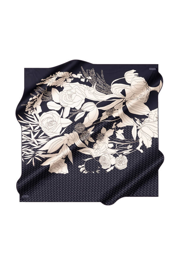 Lacivert 90X90 İpek Krep Saten Eşarp - 1