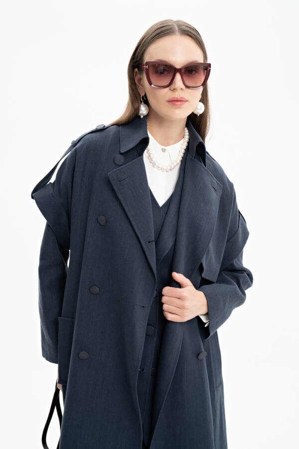 Lacivert Apoletli Keten Yelek - Aker