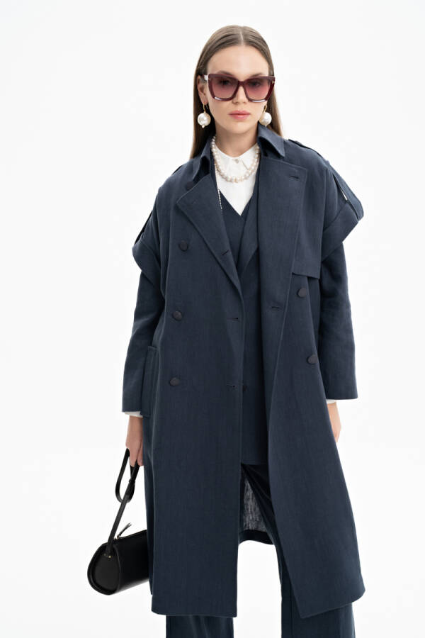 Lacivert Apoletli Keten Yelek - 3